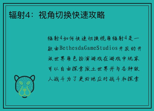 辐射4：视角切换快速攻略