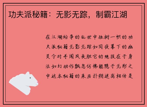 功夫派秘籍：无影无踪，制霸江湖
